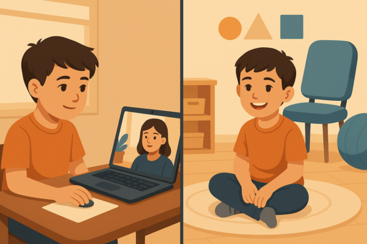 Split image showing a child receiving behaviour support via telehealth on one side, and attending an in-clinic therapy session on the other—comparing service options for families in Liverpool.