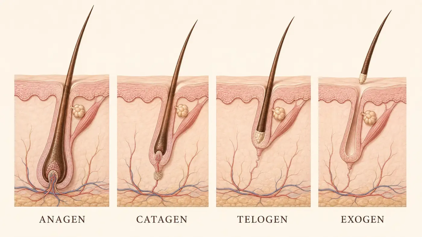 The Four Stages of the Hair Growth Cycle Hair growth cycle showing the anagen, catagen, telogen, and exogen stages