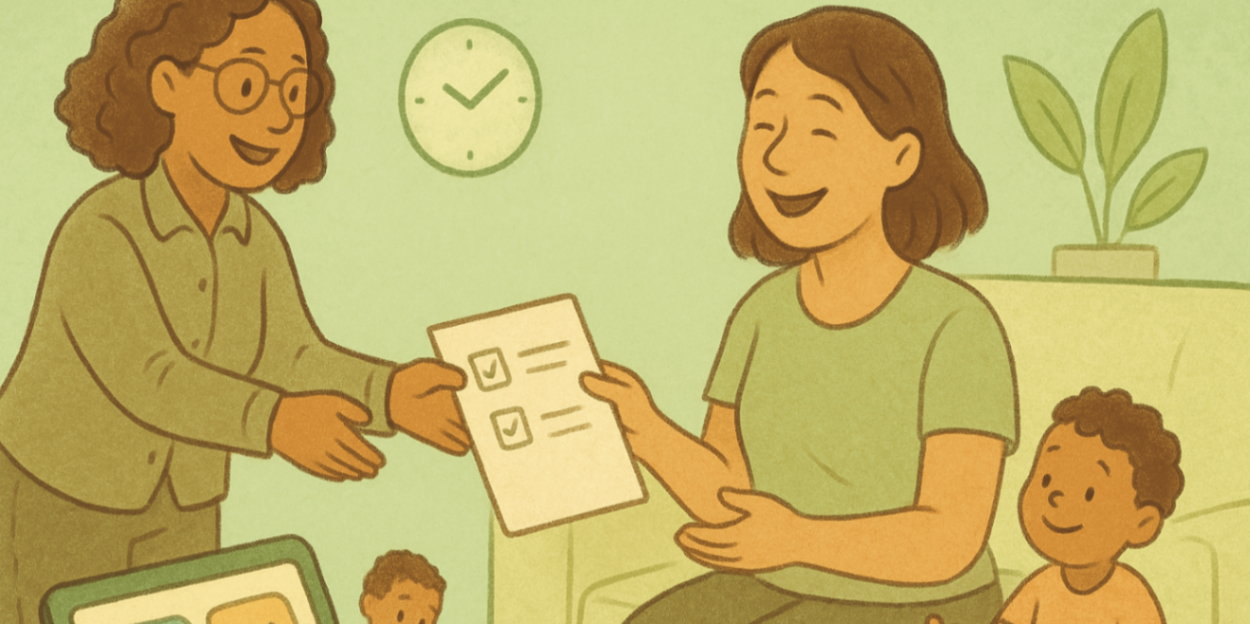 Parent handing an icons-only folder to a smiling local plan manager at reception while a child plays — quick, reassuring plan handover.