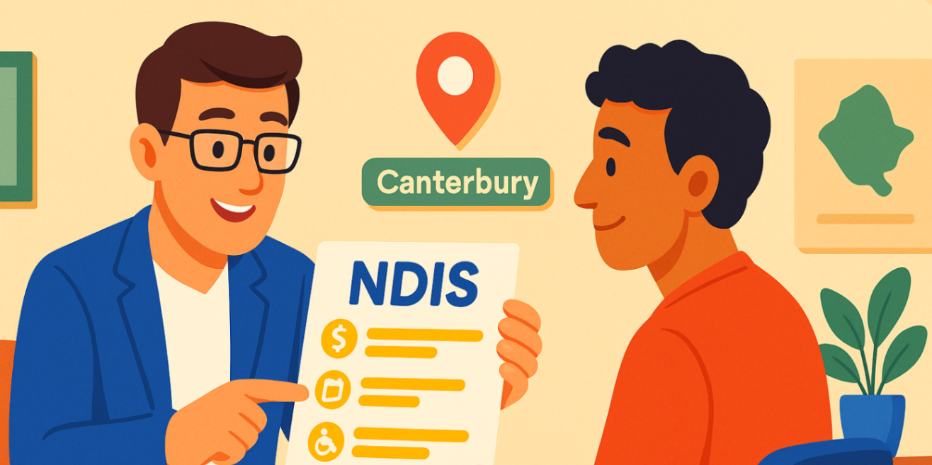 Plan manager and parent reviewing an NDIS plan with highlighted items in a Canterbury office — local plan management tips