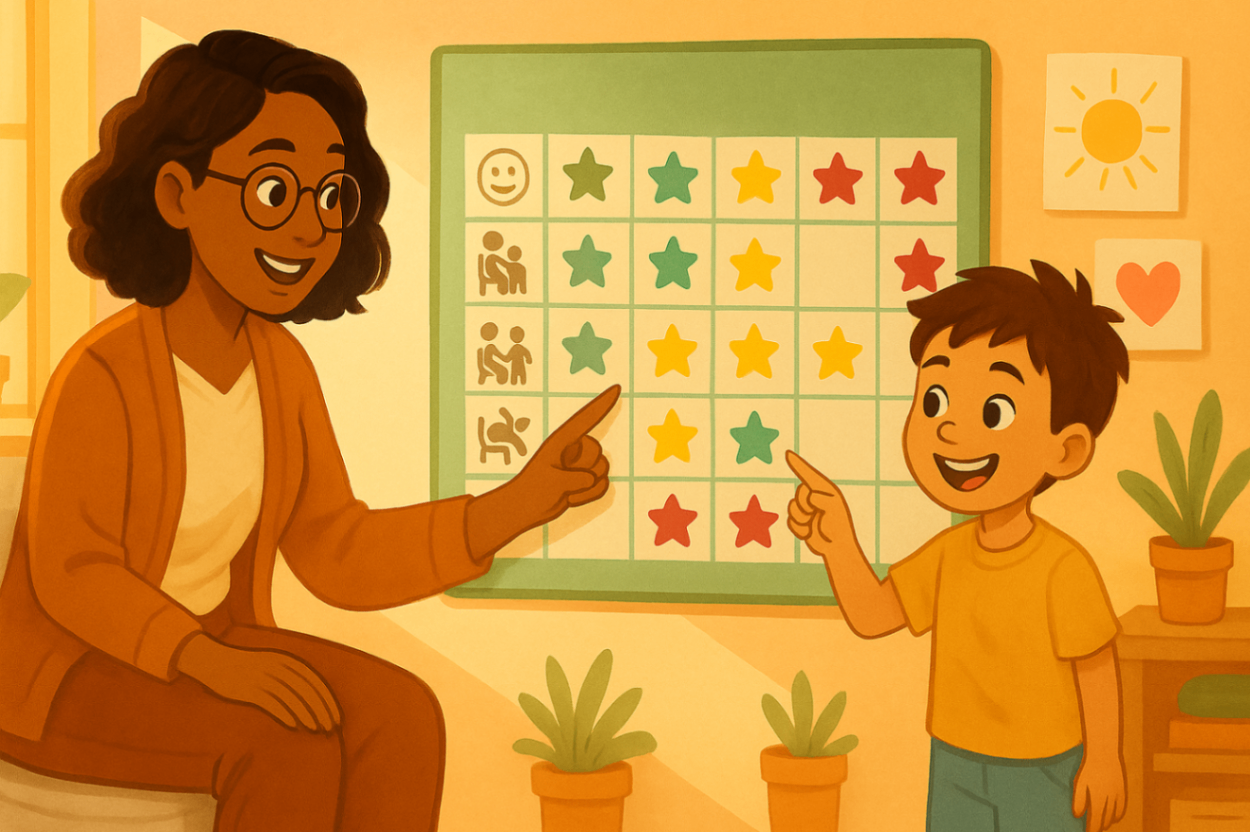A child and therapist engage in a behavioural support session, with a large behaviour chart displayed on the wall behind them, showing steps, goals, and progress markers used in specialised Positive Behaviour Support.