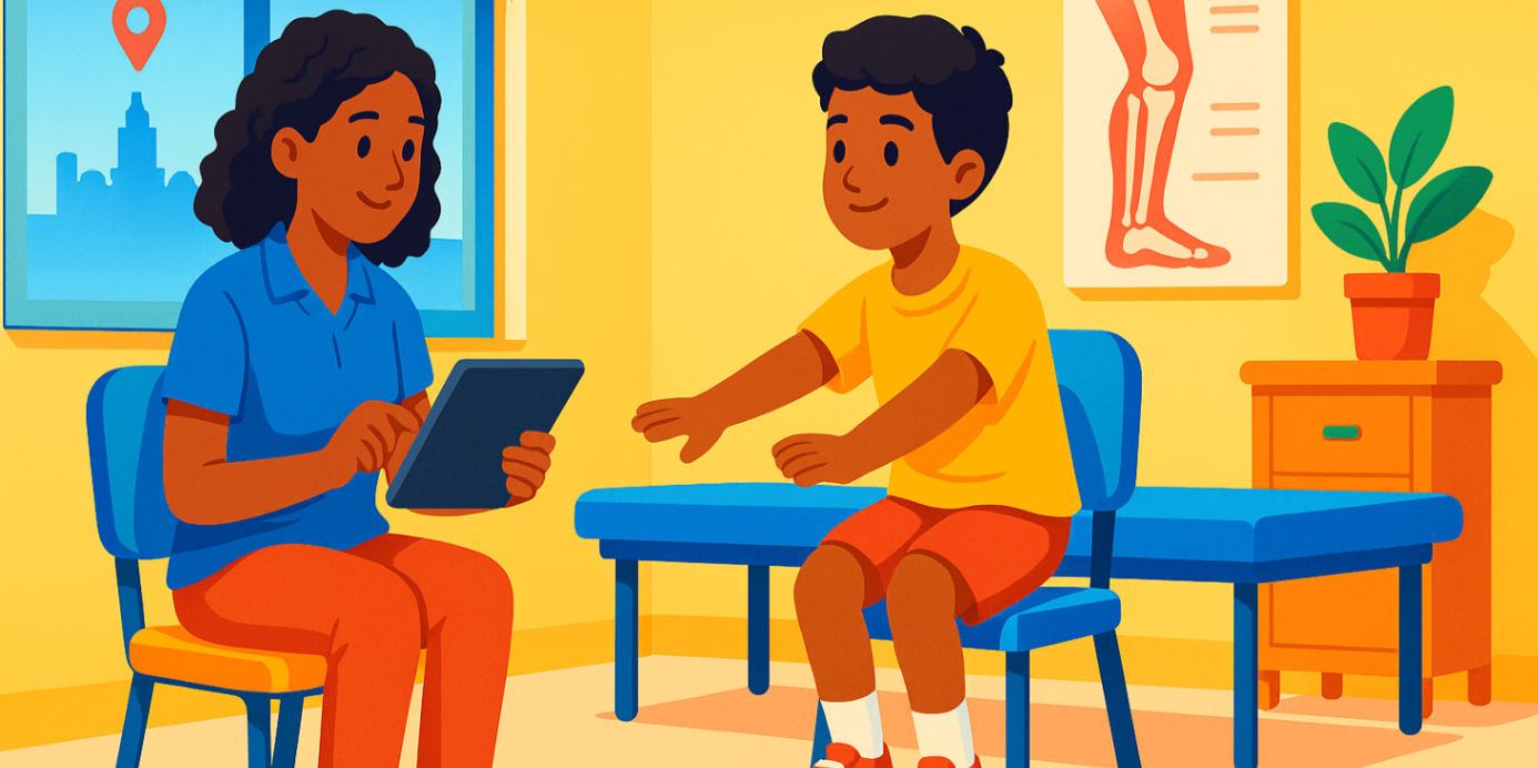 Paediatric exercise physiologist observing a child doing a sit-to-stand test with tablet recording results — assessment in Liverpool