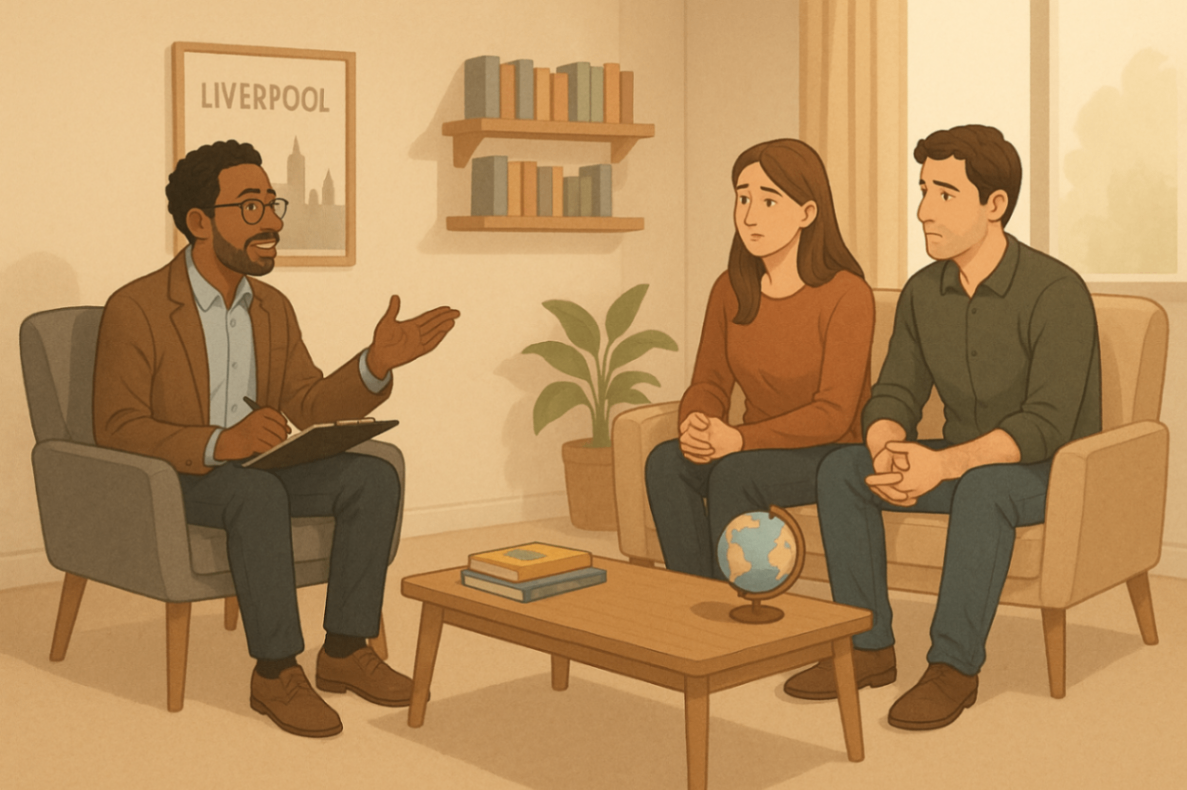Therapist discussing NDIS behavioural therapy options with parents during a session in a Liverpool clinic.