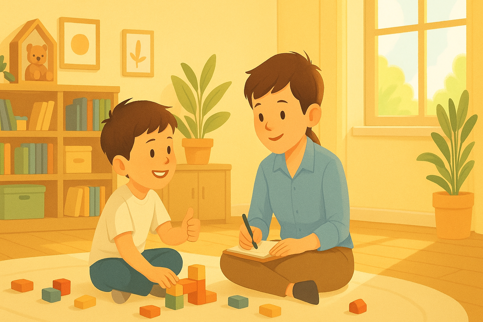 Therapist observing and engaging with a child during a behavioural therapy session, using toys to encourage communication and learning.