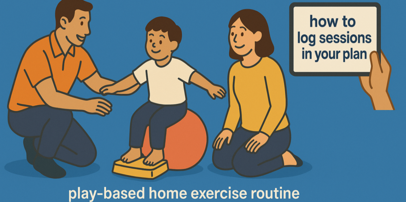 Physiologist demonstrating a play-based home exercise with parent and child and an inset tablet showing session logging