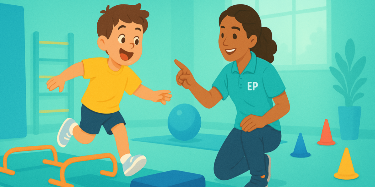 Paediatric exercise physiologist observing a child on a low balance beam with clinician thumbs-up — assessment and confidence building in Liverpool.