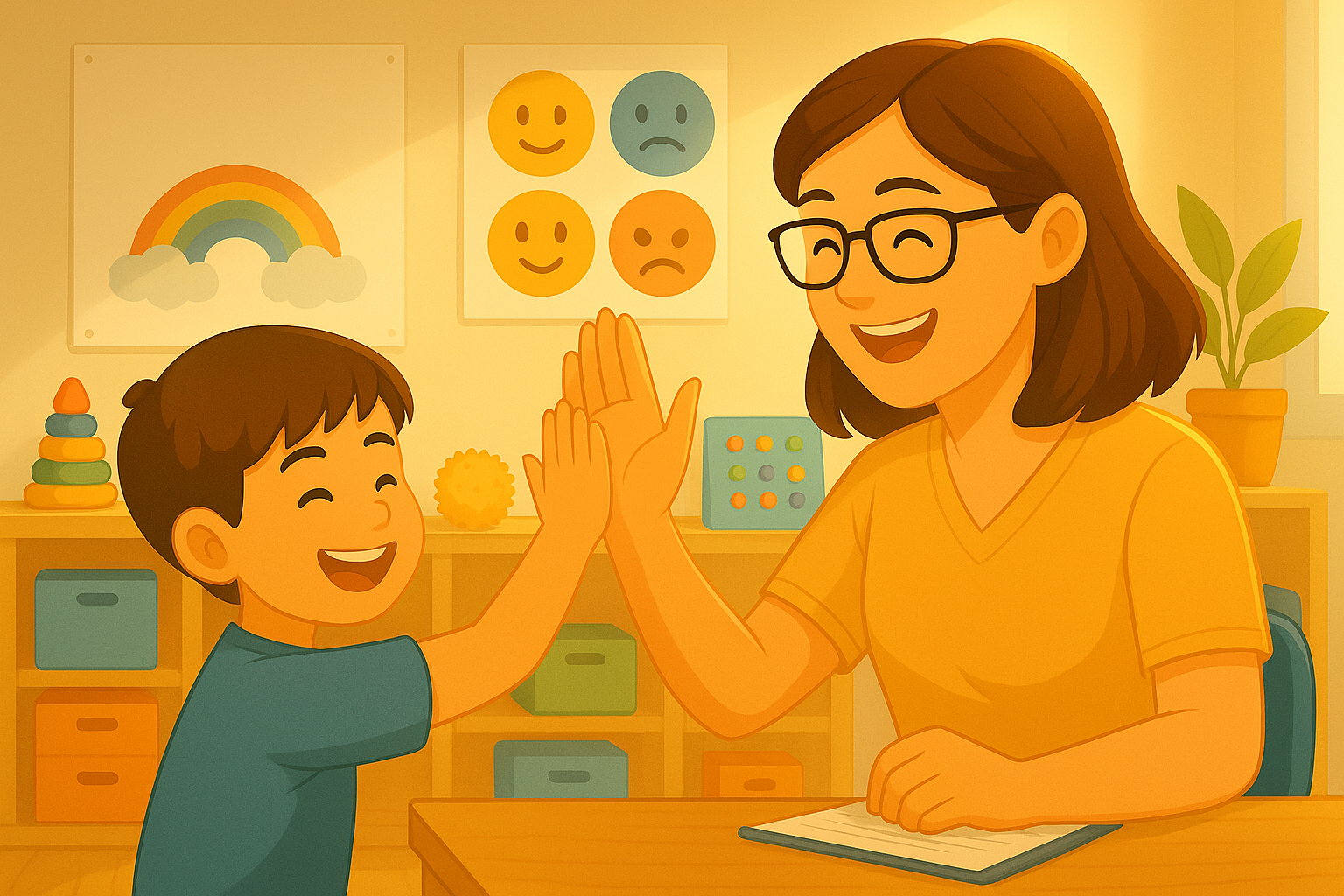 Therapist and child sharing a high five in a joyful moment after reaching a behavioural milestone during NDIS-supported therapy.