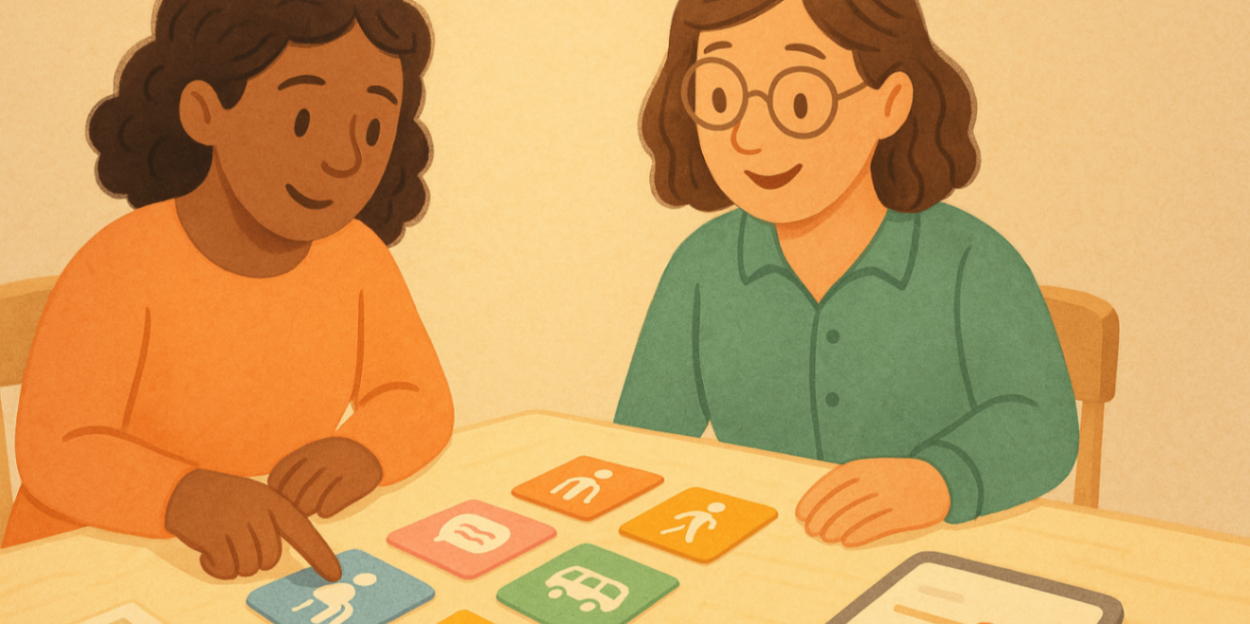 Parent and plan manager reviewing colourful icons-only support-option cards to choose therapy, transport and equipment
