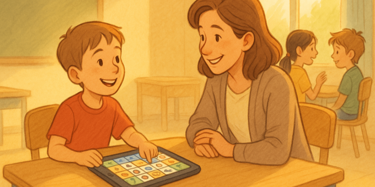 Child using an AAC device in a classroom with a speech therapist, soft digital illustration in warm light