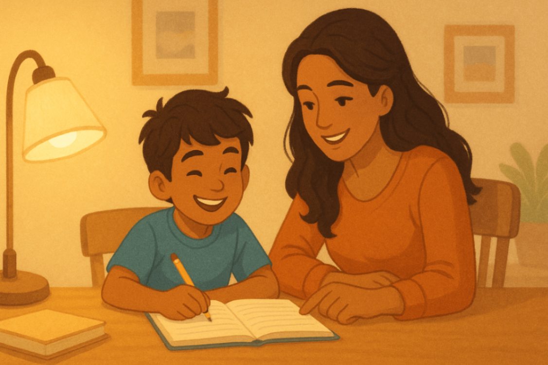 A mother helping her child with homework at home, seated beside a warm desk lamp—showcasing improved focus and routine through consistent behaviour support.