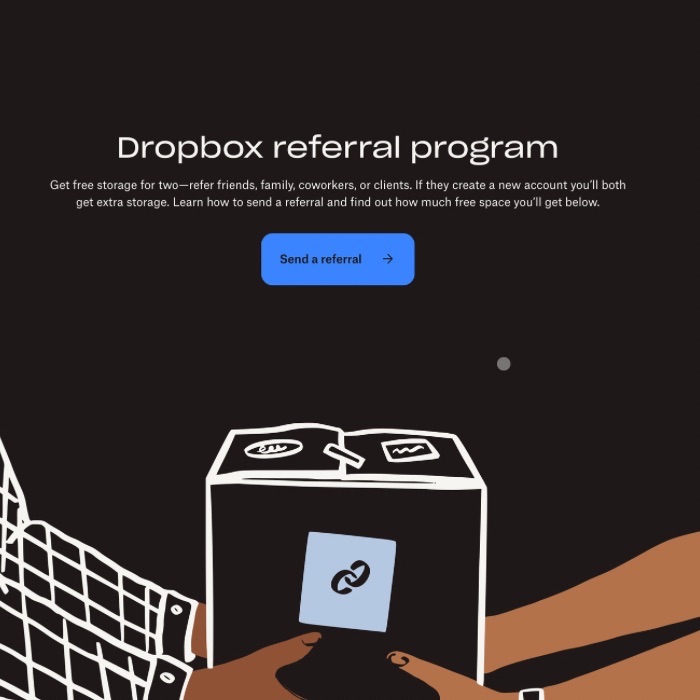 Screenshot of Dropbox website with llustration promoting the Dropbox referral program, showing users sharing a link to earn free storage for inviting others.