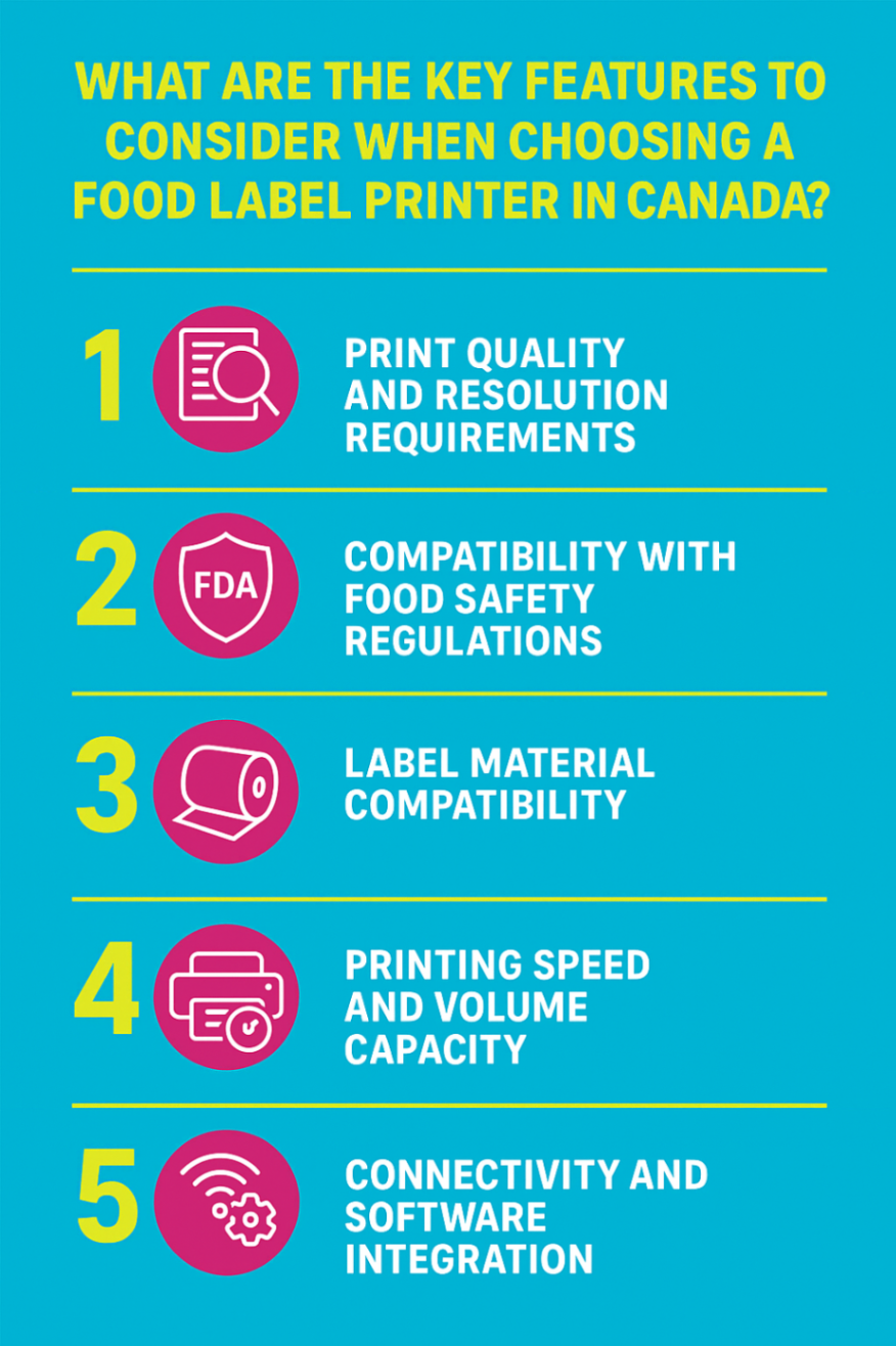 Infographic showcasing key features to consider when choosing a food label printer
