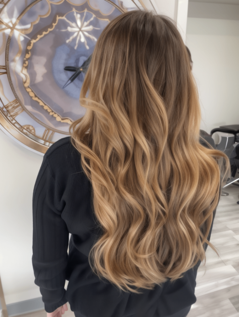 back view of a caramel root stretch balayage