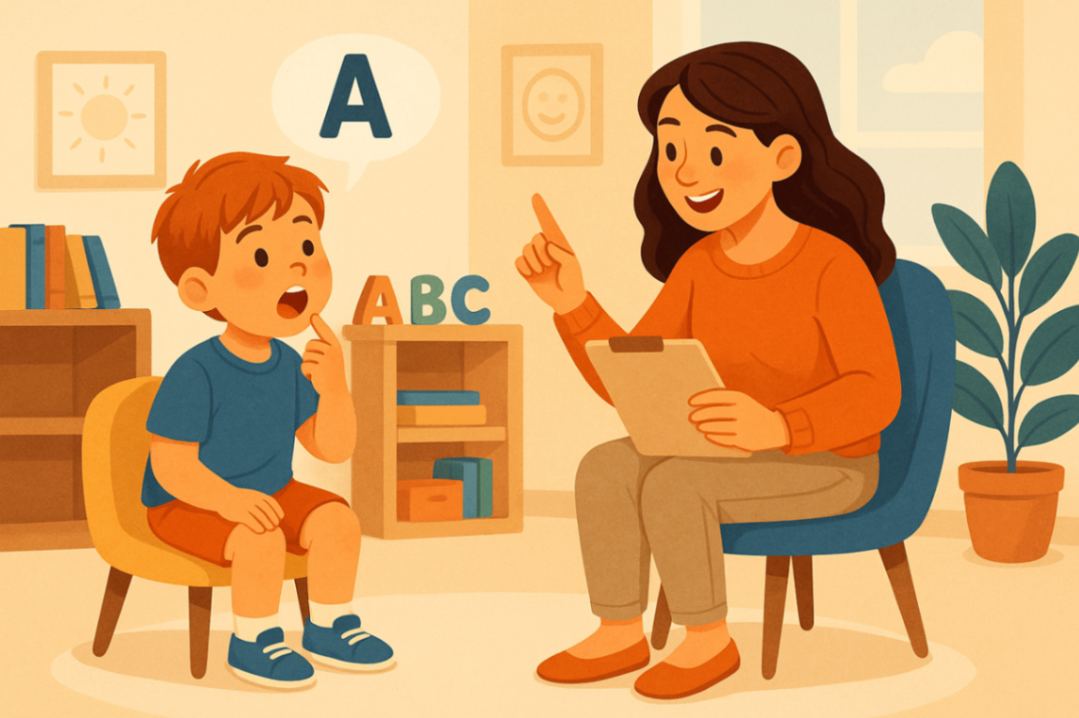 A speech therapist working one-on-one with a child during an NDIS-funded therapy session.