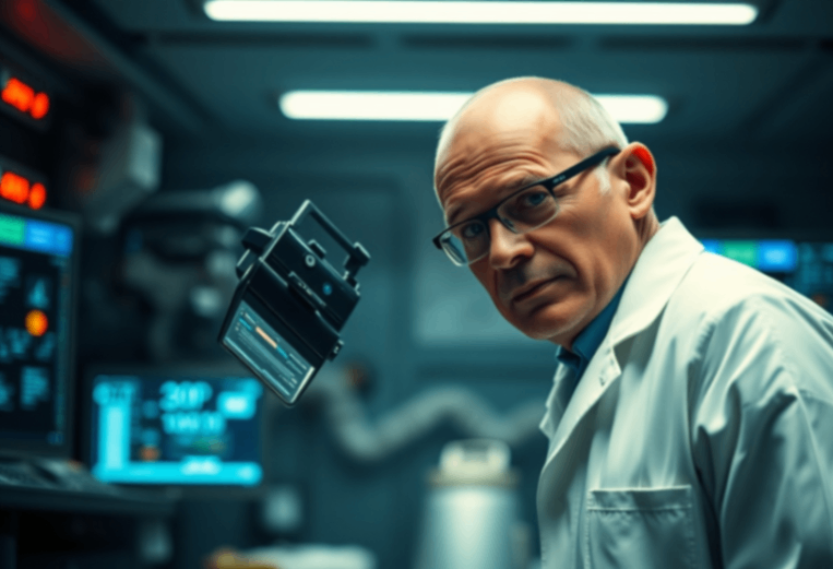 a man in a lab coat looking at a monitor
