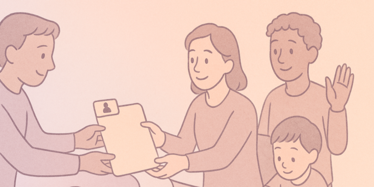 Parent handing a behaviour support folder to a new provider at reception while the outgoing provider waves and a child plays — smooth plan transition.