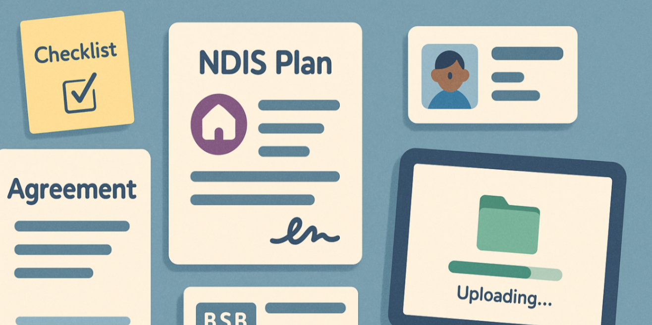 Top-down flat-lay of NDIS plan, ID, signed agreement, bank details and tablet upload progress — documents checklist for plan management.