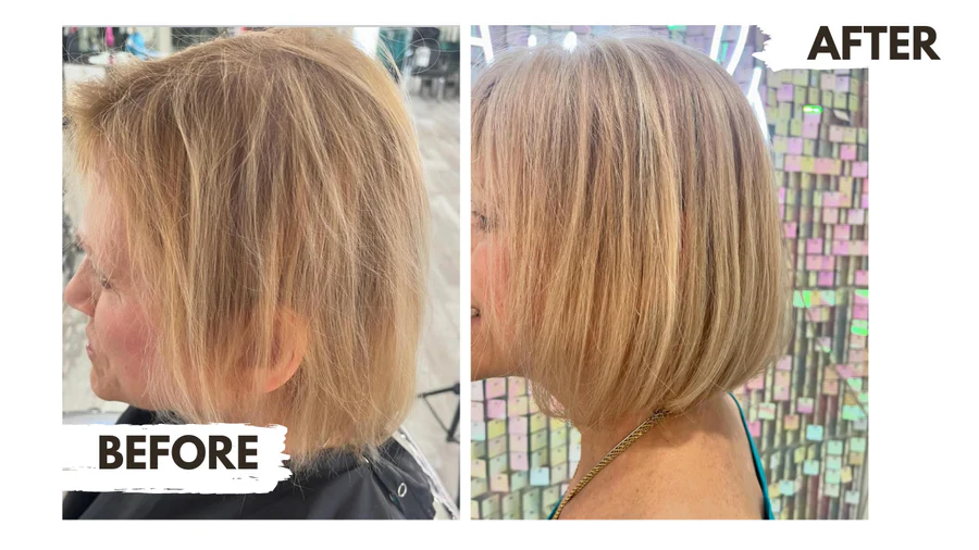 A before and after image of a woman who has a hair topper on