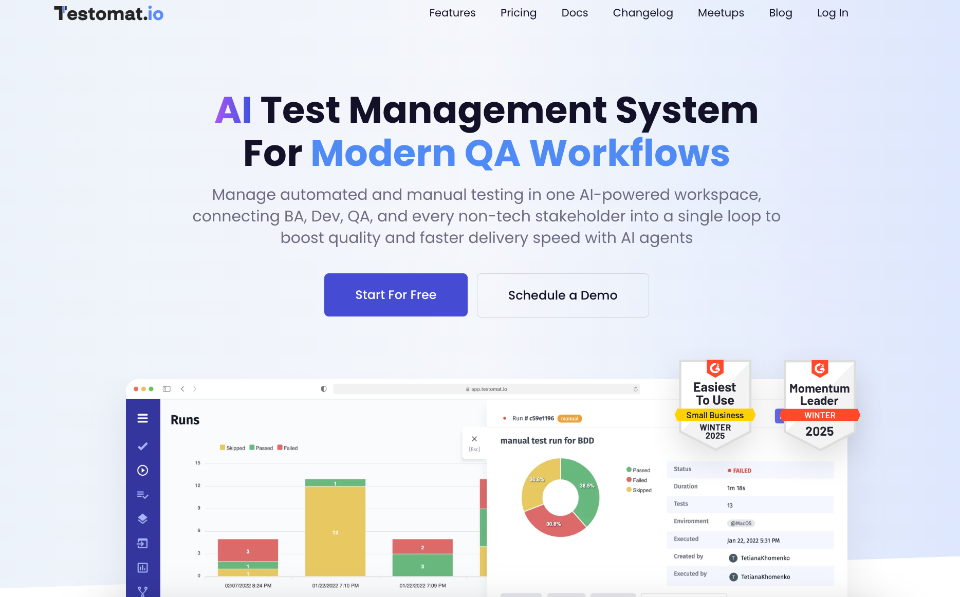 Testomat.io test management app interface with dashboard and automation features