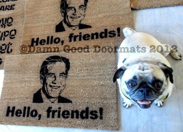 Jim Nantz Hello Friends on a coir doormat with fawn pug looking up smiling