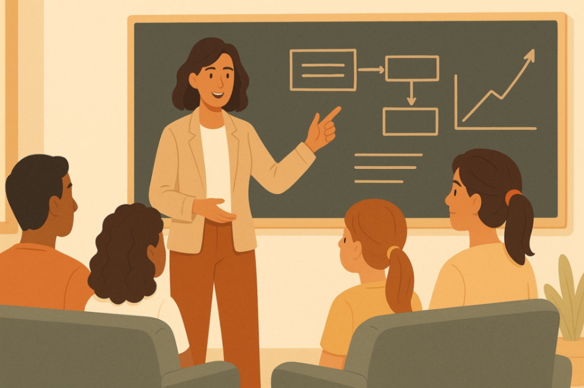 A behaviour support practitioner presenting personalised PBS strategies to a group, pointing at a blackboard during a training or planning session.