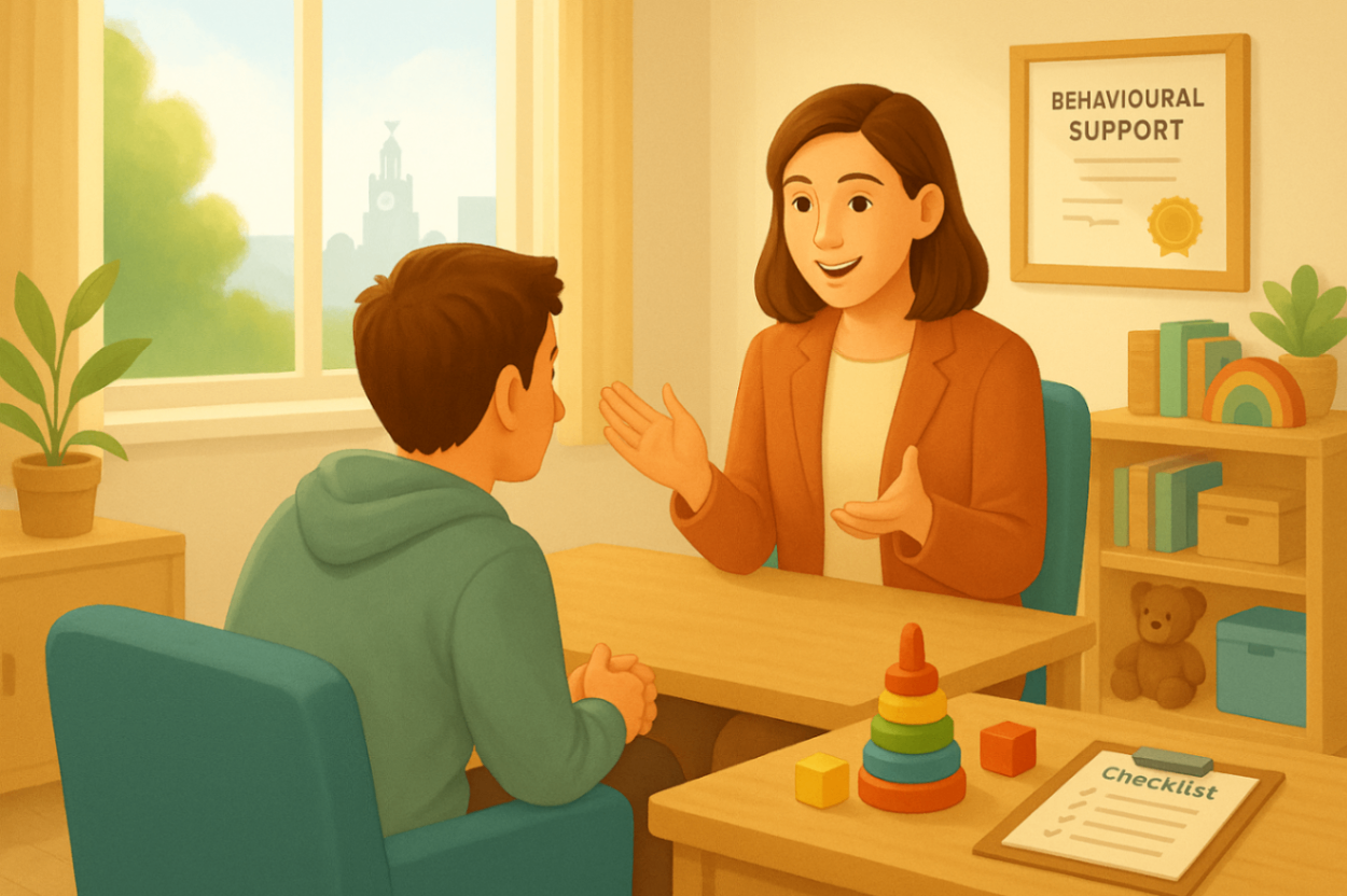 Parent meeting with a certified behaviour support practitioner in a Liverpool clinic to explore the right support plan for their child.