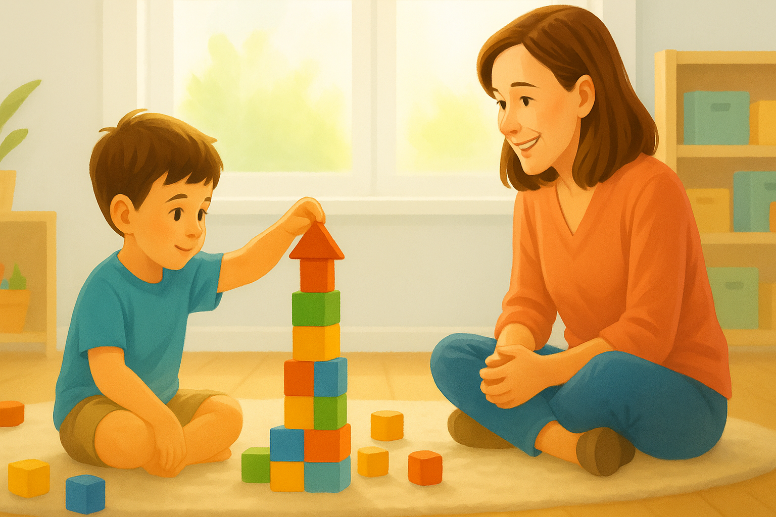 A young child and a therapist seated together in a calm, well-equipped therapy room, engaged in a focused behavioural support session under NDIS care.
