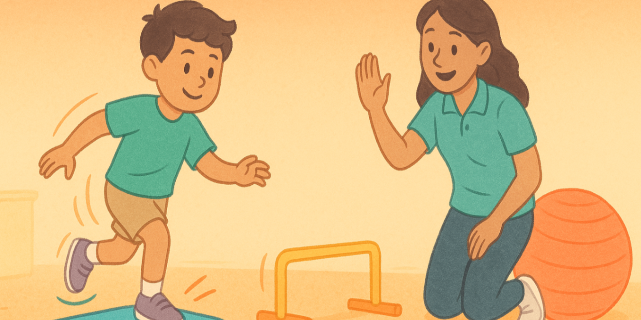 Child navigating an indoor play-based gross motor circuit (balance pad, mini hurdle, therapy ball) guided by an exercise physiologist.