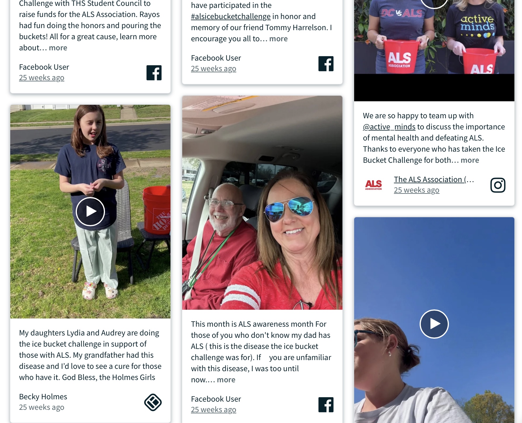 Collage of social media posts showing people participating in the ALS Ice Bucket Challenge to raise awareness and funds for the ALS Association.