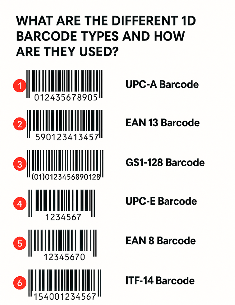 Infographic showcasing different types of 1D barcodes