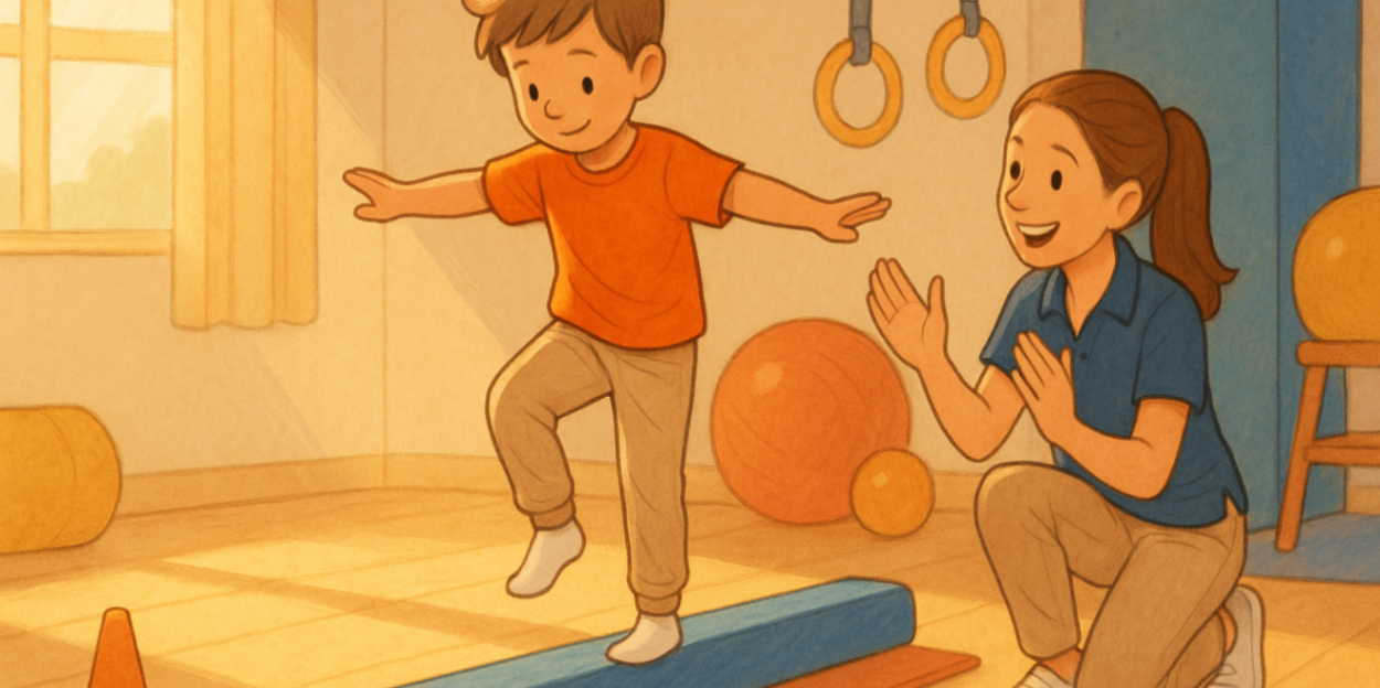 Child balancing on a soft beam in therapy gym with supportive therapist, warm light highlights calm focus