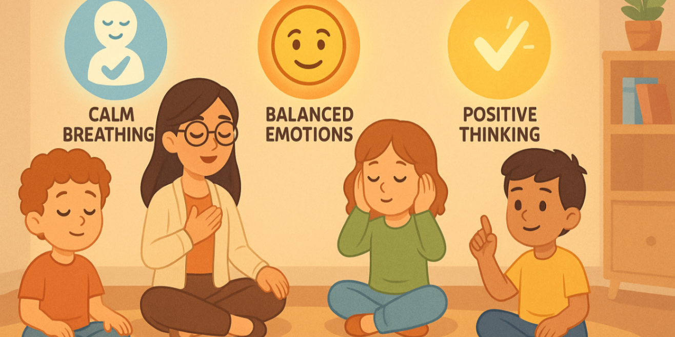 Educational digital artwork of a DBT group session for kids showing mindful breathing, self-soothing, and emotional awareness in a soft, inviting classroom scene.