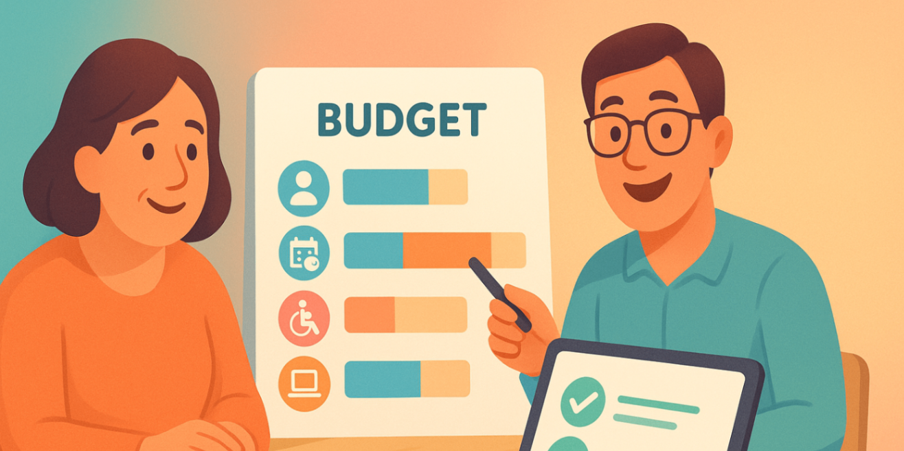 Parent and plan manager reviewing a colourful budget board with session bars and icons — friendly NDIS plan management