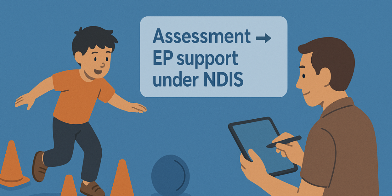 Clinician and parent reviewing a 'Do you need a diagnosis?' checklist for exercise physiology, with tick boxes for functional impact — NDIS eligibility consult.