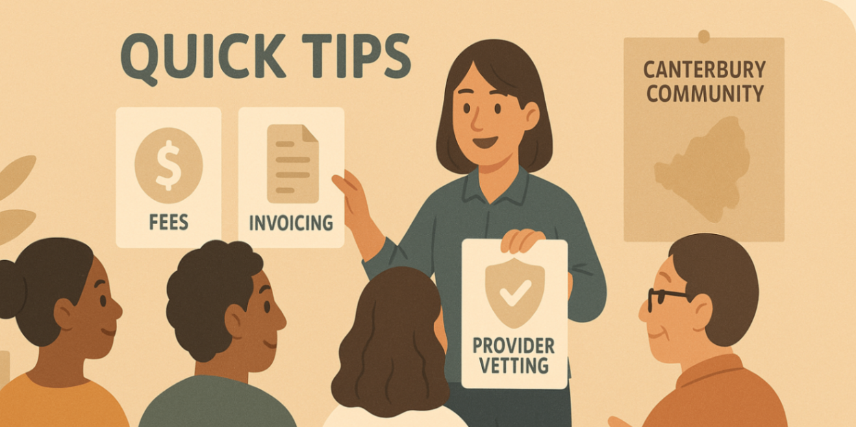 Community workshop with parents viewing quick-tip icon cards on fees, invoicing and provider vetting — Canterbury NDIS tips.