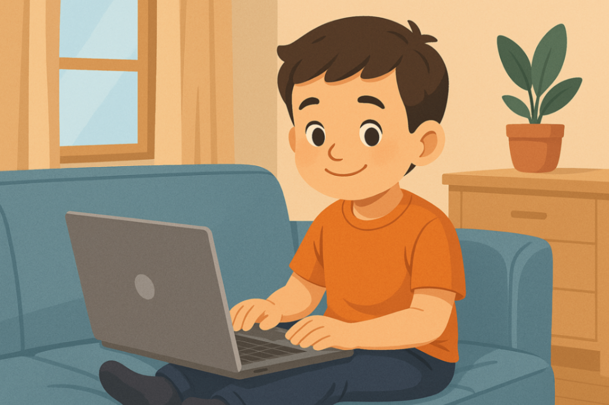 A child seated comfortably at home with a computer beside him, ready for an online positive behaviour support session via telehealth.