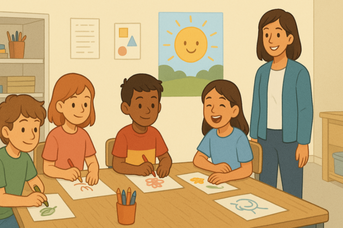 Classroom group activity with a teacher supporting students — highlighting how positive behaviour support can improve classroom participation.