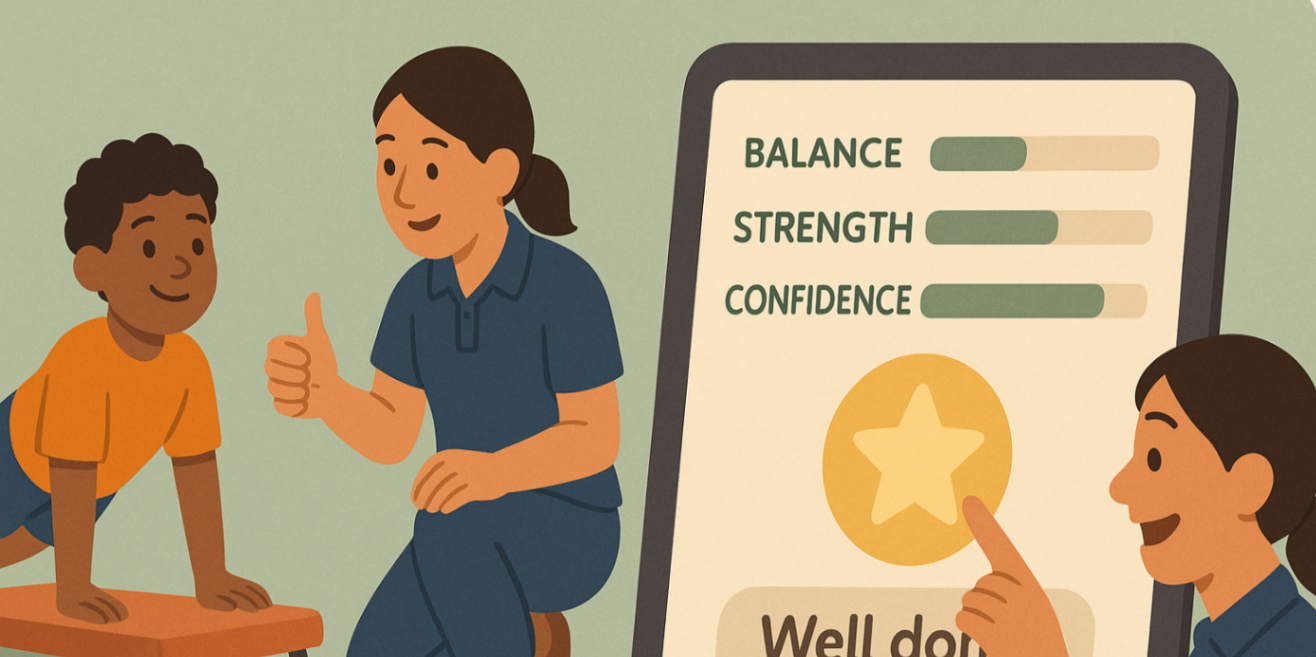 Child smiling as an exercise physiologist awards a star on a tablet dashboard showing gains in balance, strength and confidence.