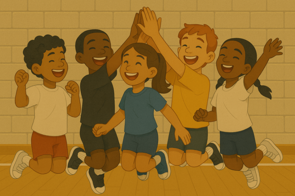 Five kids giving high fives after completing a fun group exercise activity.