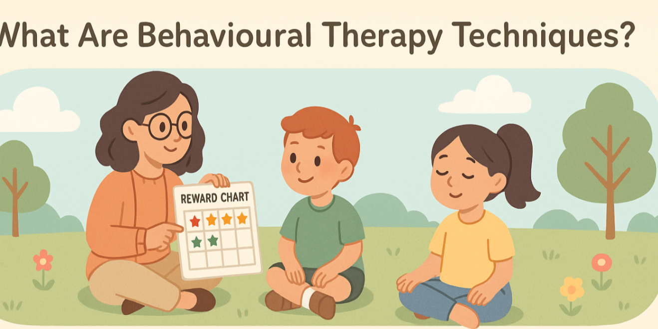 Illustration of a child and therapist practising behavioural therapy techniques outdoors, showing reward charts, calm breathing, and positive reinforcement in a bright, friendly park setting.