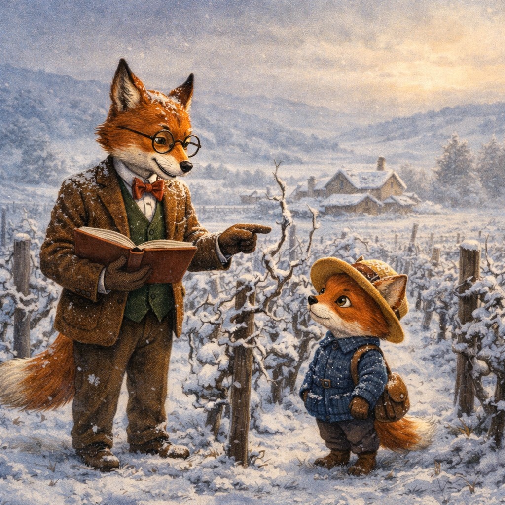 winter vineyard pruning scene 
