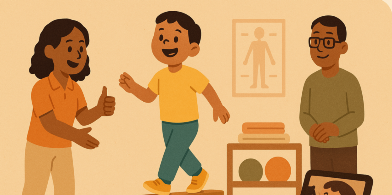 Child standing taller on a balance activity with an exercise physiologist giving a thumbs-up — building confidence through paediatric exercise physiology.