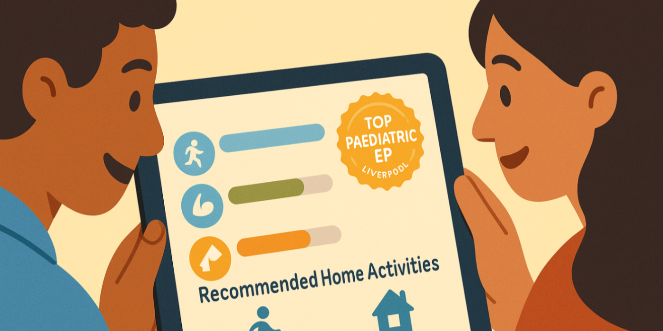Tablet showing kid-friendly progress bars and home activities as physiologist reviews with parent — paediatric EP Liverpool guide.