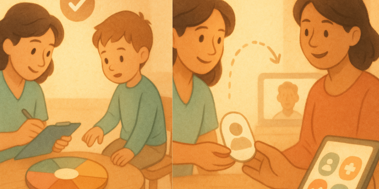 Split scene showing assessment (observation & notes) on the left and a clinician handing a referral icon to a relieved parent on the right — clear next steps.