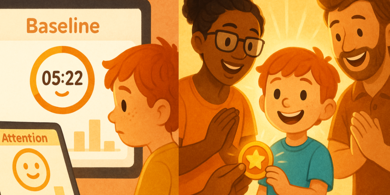 Kid-friendly tablet dashboard showing attention and confidence progress bars and a new badge while clinician and parent celebrate a small skill win — measurable encouragement.