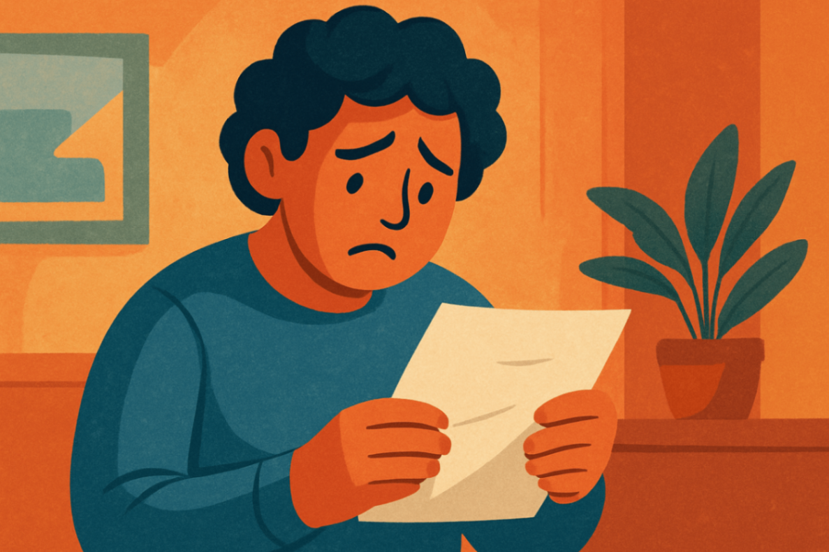 A concerned parent standing outside a Liverpool clinic holding an NDIS application document, depicting the emotional step of reviewing autism support eligibility and funding paperwork.
