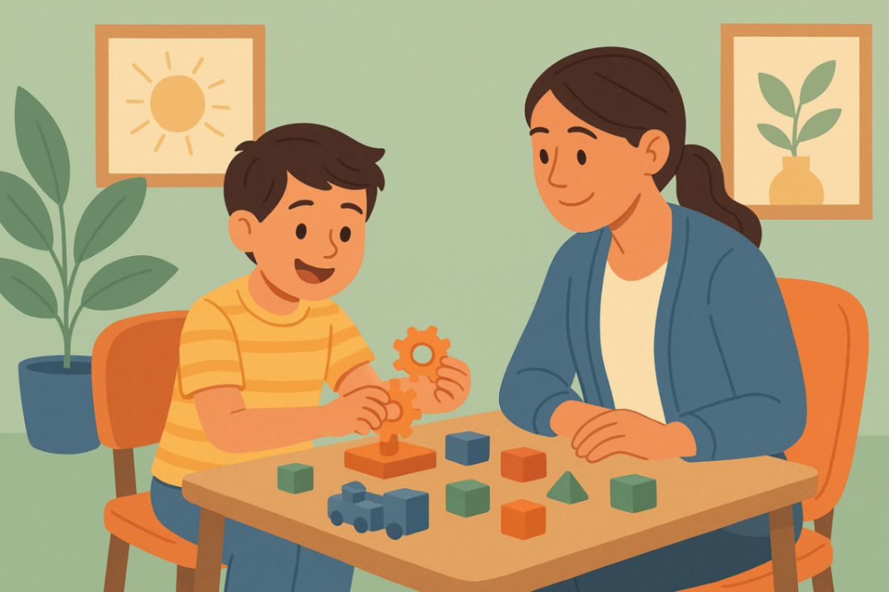 Therapist using play-based techniques to build positive behaviours in a child during PBS session.
