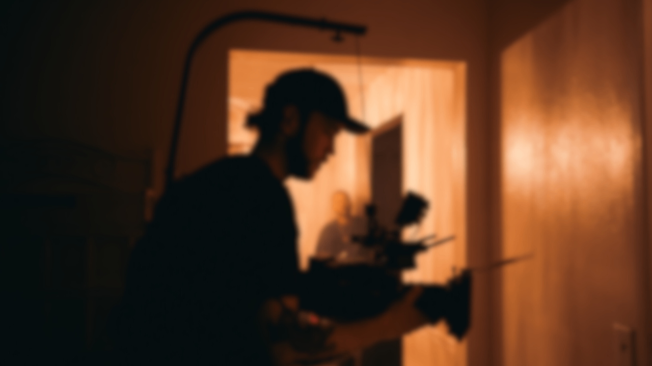 Ascend Media filmmaker recording a cinematic scene indoors under warm lighting with camera rig setup. Ascend Media filmmaker recording a cinematic scene indoors under warm lighting with camera rig setup.