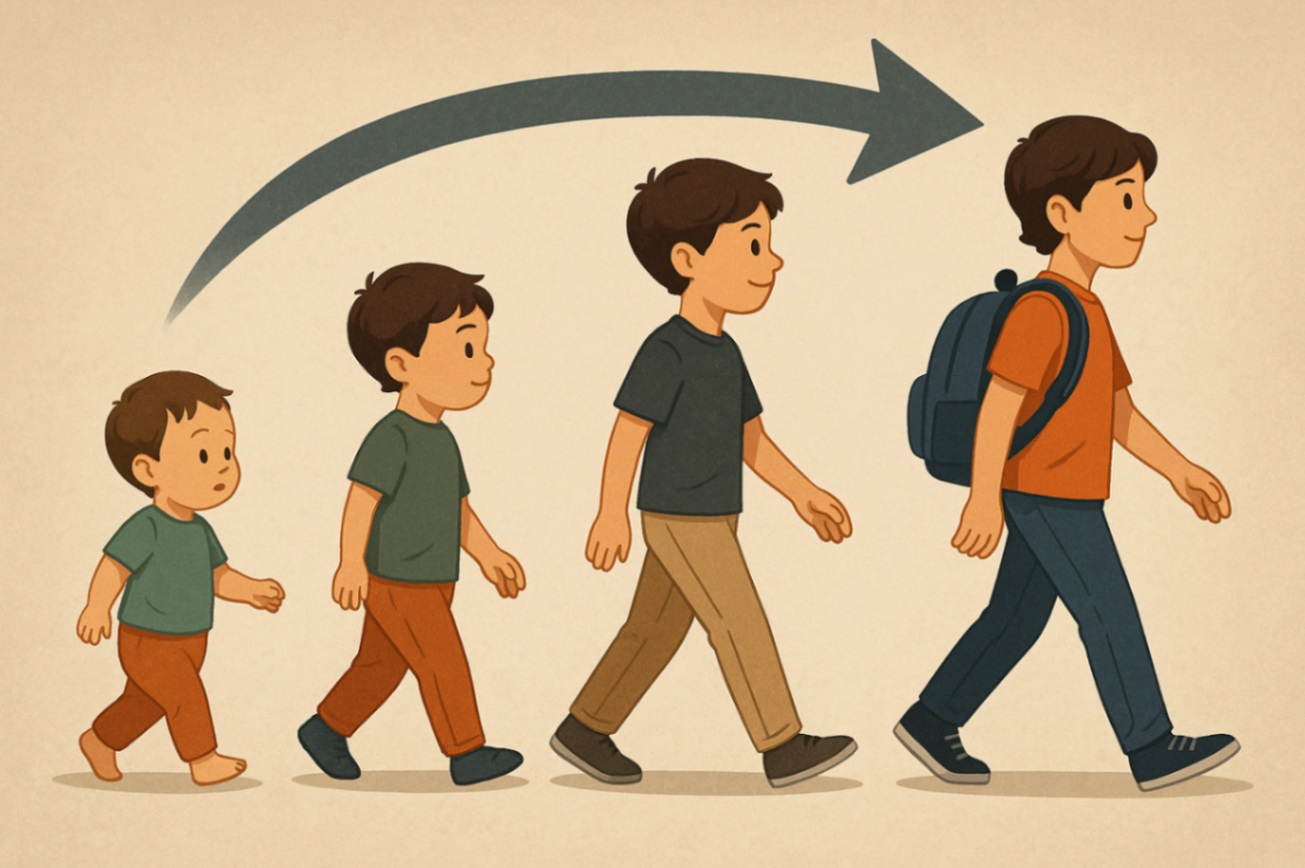llustration of a child growing from toddler to school-age, with an arrow showing development over time—symbolising how behaviour support strategies evolve as children grow.