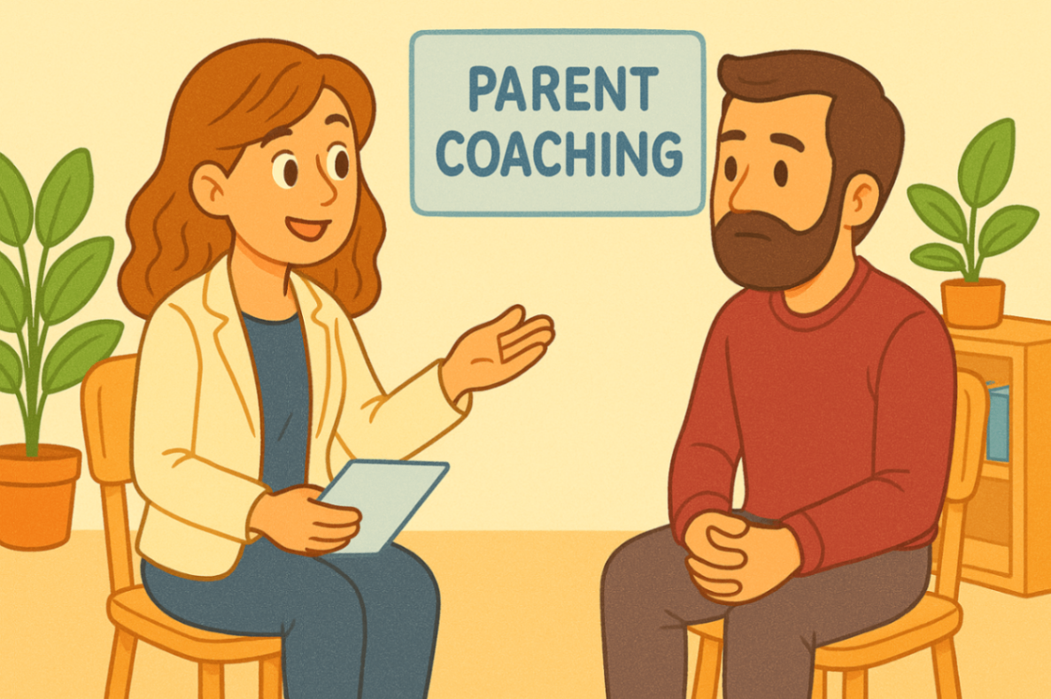Therapist actively coaching a parent, demonstrating strategies that support behaviour change at home as part of an NDIS-funded plan.